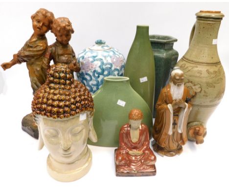 A mixed collection of ceramic figures and items to include; a large modern Made In China jar and cover, three crackle glazed 