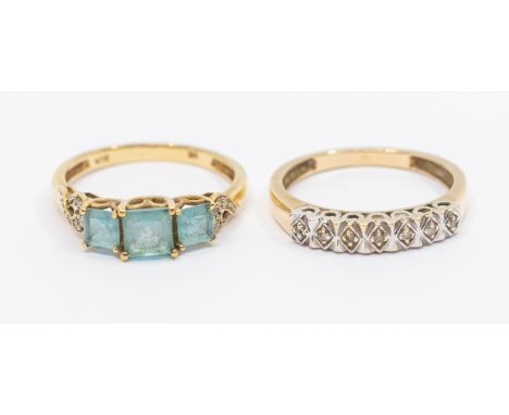 Two stone set 9ct gold dress rings, to include a diamond illusion set half eternity ring, size P1/2, along with a three stone