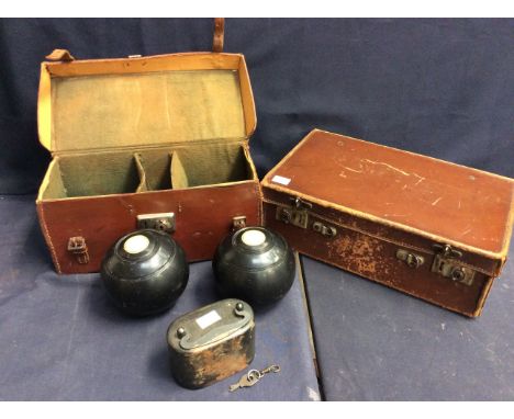 Vintage set of bowls in carry case, vintage travel case and vintage money box with coins.