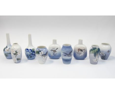 Royal Copenhagen: a collection of vases to include ' Robin on branch' no 4879, 'Sparrow on branch' no 4878, 'Duck in seascape