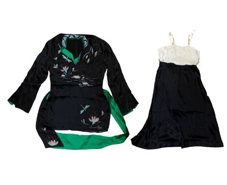 A1930s oriental inspired design nightwear/loungewear to include a top in black sateen heavily embroidered with fine beads dep