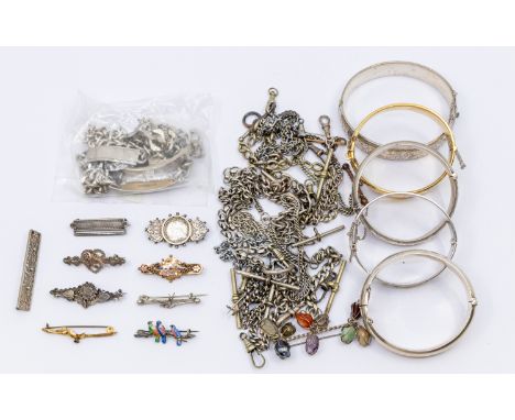 A collection of silver and white metal, to include hinged bangles, chains, sweetheart  brooches, including an enamel bird bro