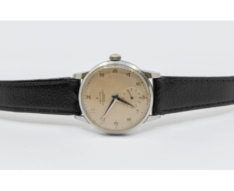 Zenith- a gentleman's vintage steel cased  manual wind, Zenith Porto 17 jewel wristwatch, comprising around signed silvered d