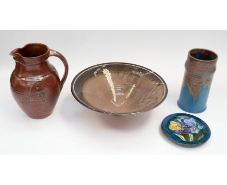 A small collection of decorative art ceramic wares to include; a tall cylindrical Bourne Denby "Danesby Ware" tapered glazed 