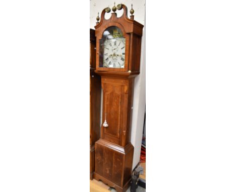 A 19th century James Chapman of Lincoln eight day longcase clock, still arch dial with river scene. With pendulum, two weight