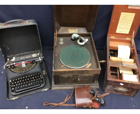 1930/1940's table top gramophone, vintage adding machine, picnic gramophone. Pair of early 20th century binoculars and vintag