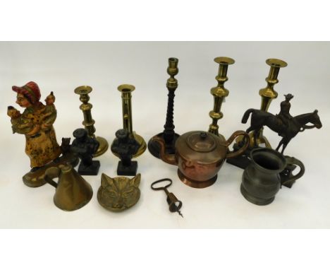 A collection of mixed 19th/20th Century metal ware items to include; pewter tankards, brass trivets, copper kettle, brass can