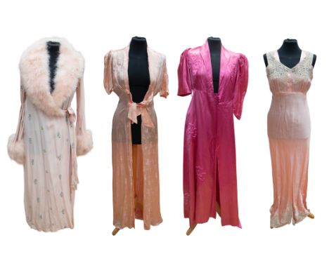A collection of 1930s, '40s, '50s dressing gowns and dressing robes including: deep rose pink satin bathrobe with puff should