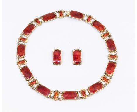 A Norwegian Modernist silver gilt enamel necklace by Ivar T Holth, comprising alternate guilloche red enamel rectangular and 