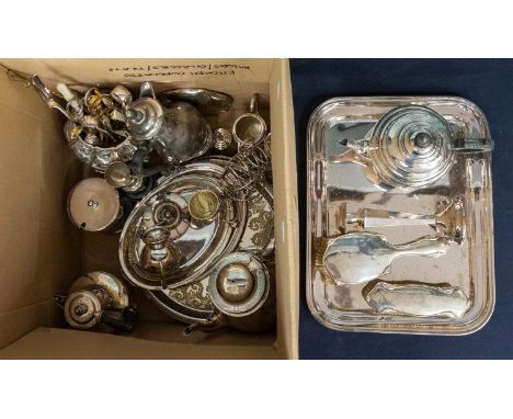 A collection of silver plated items to include; trays, tea pot, sugar bowl and milk jug, coffee pot, others including a toast