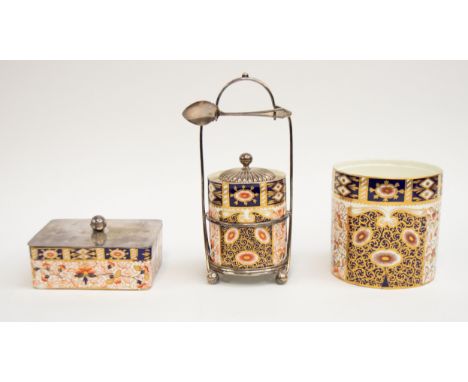 Three pieces of Brownfield porcelain decorated in the Imari style to include an rectangular box with metal lid, a sugar box a