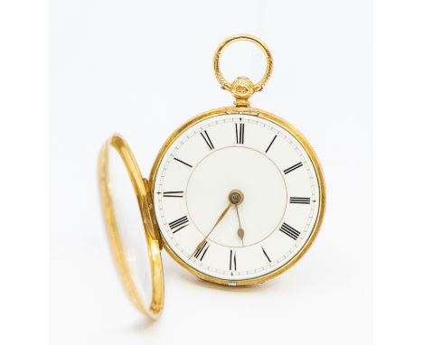 A ladies 18ct gold open faced pocket watch, comprising a white enamel dial with numeral indices, case approx 38mm, key wind, 