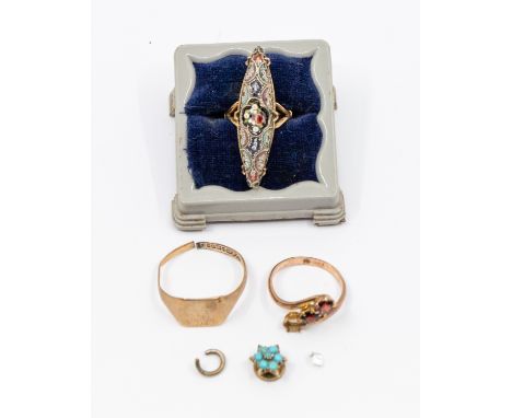 A collection of antique jewellery to include three rings, comprising a silver and 9ct gold micro mosaic marquise shaped ring,