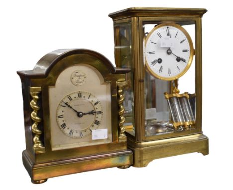Tall early 20th century brass 8 day mantle clock, round face in glass case with roman numerals, chime hour and on half hour, 