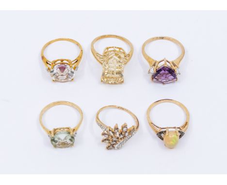 A collection of Gemporia 9ct gold stone set rings to include a rectangular Lehrer Matrix cut champagne quartz ring, size appr