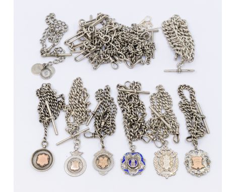 A collection of silver fob watch chains, to include Albert, fetter and oval links, various length and widths the widest appro