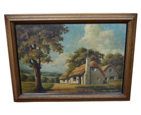 A framed print of a hay cart, a large mid 20th century oil on canvas furnishing picture, and a watercolour of a lake scene