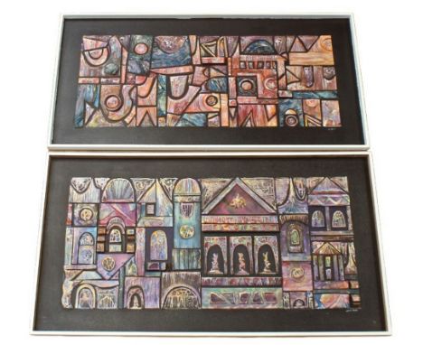 Jack Ray (b.1946) - Two 1970s abstract relief-designed colourful artwork sculptures, both framed and signed.  Each approximat