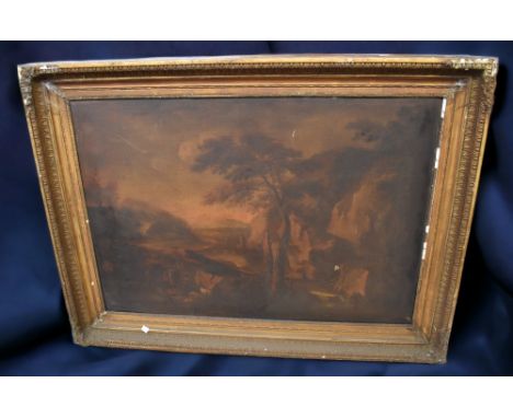Large 19th century oil on canvas, along with other oils, buffalo certificate, inlaid Treen tray and standard lamp.