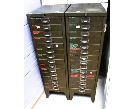 A pair of 1930-50s fifteen drawer green metal tool cabinets 100cm x 40cm x 28cm