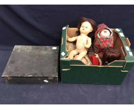 Collection of vintage dolls, vintage roulette game and a money box.