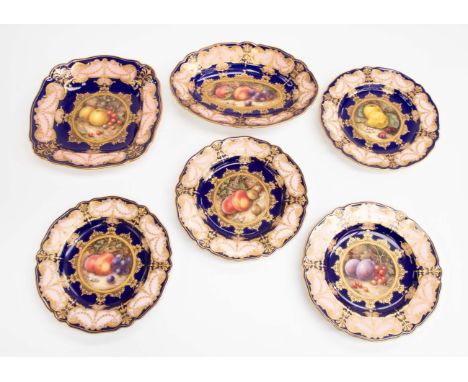 Richard Sebright for Royal Worcester - A selection of Fruits designed cobalt blue and gilt decorated ceramic dishes/bowls, nu