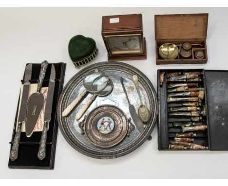 A mixed lot to include; a rare silver plated Lancashire Boxing interest buckle centre piece, with porcelain roundel to centre