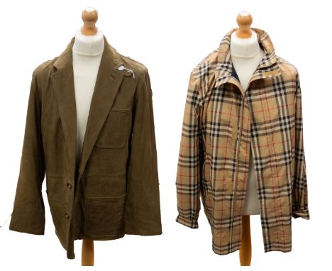 A mid-brown suede men's jacket by Orvis with aretex lining, long lapel design with left-hand side breast pocket, two lover pa