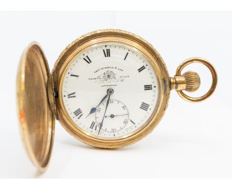 A gold-plated hunter pocket watch by Tho’s Russell & Son of Liverpool , Tempus Fugit, Swiss Movement, comprising a white enam