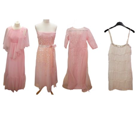 A collection of dresses including: a long peach velvet evening dress by Global, 1960s, fully lined, metal zip, scooped neckli