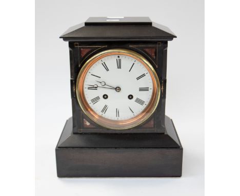 Victorian slate mantel clock with twin train French movement striking on a bell. Movement stamped R + G 6731. With 5&frac12;"