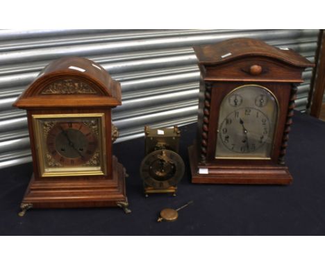 Two late Victorian oak and mahogany mantel clocks, one with Westminster chime, Arabic and Roman numerals, both 8-day, togethe