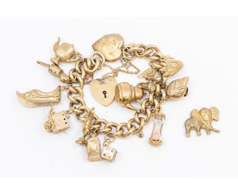 A 9ct gold charm bracelet, comprising a Albert link chain, width approx 8mm, 180mm, comprising eleven hallmarked 9ct gold  va