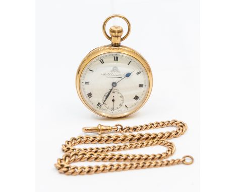 An early 9ct gold 20th century Thomas Russell & son open faced pocket watch, comprising a signed  white enamel dial with Roma