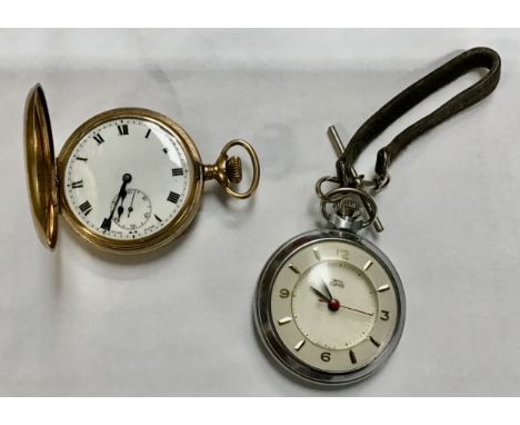 A gold plated hunter pocket watch with Swiss 15 jewel movement, keyless wind, along with a 1950’s Smiths Empire open faced po