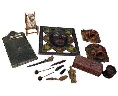 A mixed collection of decorative 20th Century items to include; three wall hanging&nbsp; tribal like masks (two similar, othe