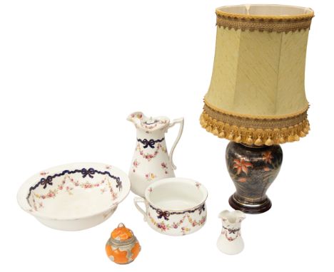 An Edwardian wash bowl set with bed pot, along with a Chinese vase lamp and Indian pot