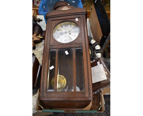 1930's oak wall clock 8 day, along with 1960's wall clock and cased silver plate flat wares