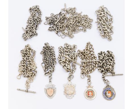 A collection of ten silver albert link fob watch chains, to include graduated versions and uniform versions, the widest appro