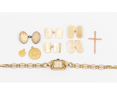 A collection of 9ct gold jewellery to include a ladies vintage 9ct gold wristwatch with fancy floral 9ct gold link bracelet, 