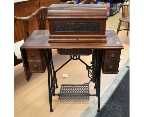 Edwardian sewing table on cast metal stand along with mahogany pierced late 19th century corner shelf.