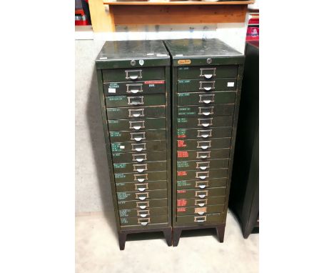 A pair of 1930-50s sheer pride fifteen drawer metal green tool cabinets 100cm x 40 x 28cm&nbsp;