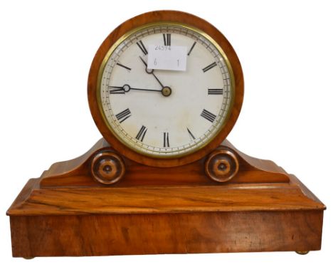 A small burr veneered wooden cased mantel clock, probably mid to late 19th Century, brass feet and back, with key.