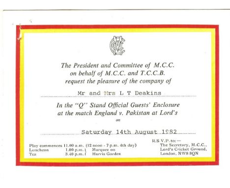 CRICKET - ENGLAND V PAKISTAN AT LORD'S 1982 VIP TICKET&nbsp;
Issued by The M.C.C.