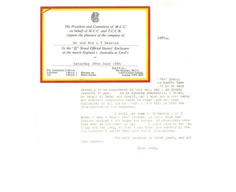 CRICKET - ENGLAND V AUSTRALIA @ LORD'S 1985 VIP TICKET&nbsp;
Issued by M.C.C.