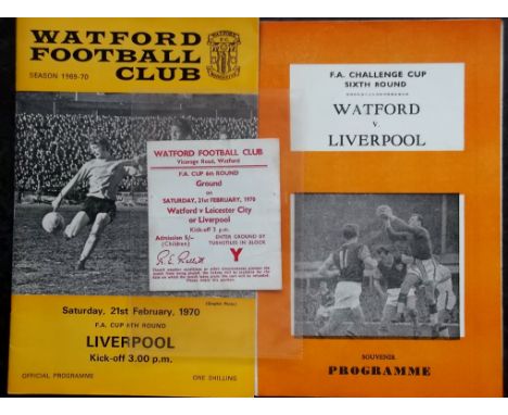 1969-70 WATFORD V LIVERPOOL FA CUP - OFFICIAL &amp; PIRATE PROGRAMME + TICKET
Good small collection all relating to this FA 6