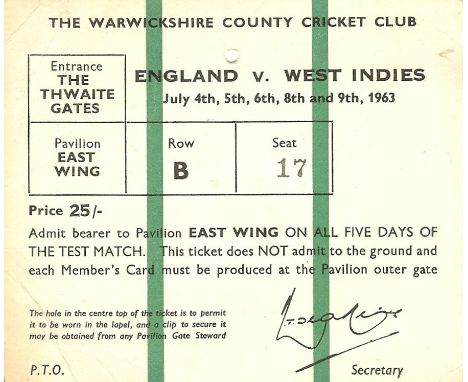 1963 ENGLAND V WEST INDIES @ EDGBASTON WARWICKSHIRE TICKET&nbsp;
Slight creasing.