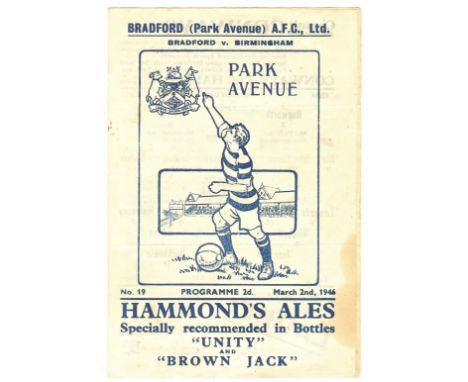 1945/46 F.A. CUP BRADFORD PARK AVENUE V BIRMINGHAM OFFICIAL PROGRAMME&nbsp;
Match details noted and minor light stain, otherw