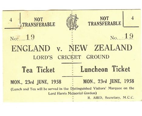CRICKET - ENGLAND V NEW ZEALAND @ LORD'S 1958 VIP LUNCHEON &amp; TEA TICKET&nbsp;
Issued by M.C.C.