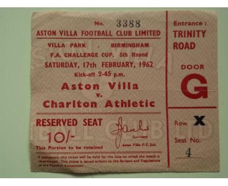 1961-62 ASTON VILLA V CHARLTON FA CUP 5TH ROUND TICKET
Slight folds